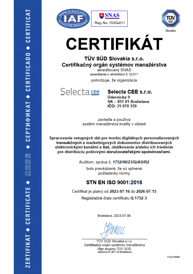 Selecta CEE ISO 9001 TUV SUD